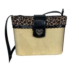 💰Woven Straw Basket Purse w Leopard Print Fabric & Silver Heart Embellishment